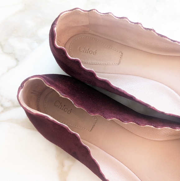 Chloe Suede Burgundy Purple Scalloped Ballerina Flats - Picture 3 of 5